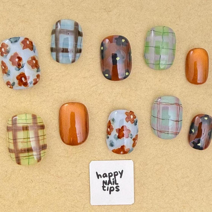 Autumn Plaid and Floral Press On Nail Set