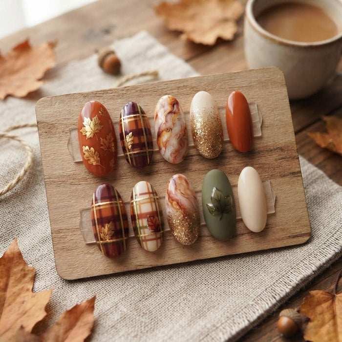 Autumn Plaid and Gold Glitter Press On Nails with Painted Leaves