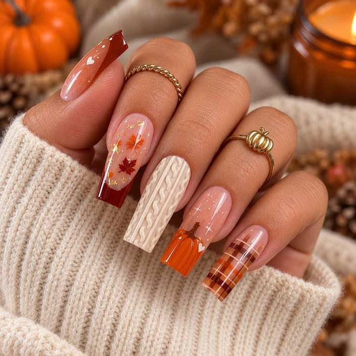 Autumn Plaid and Leaf Press On Nails with Cream Cable-Knit Accents