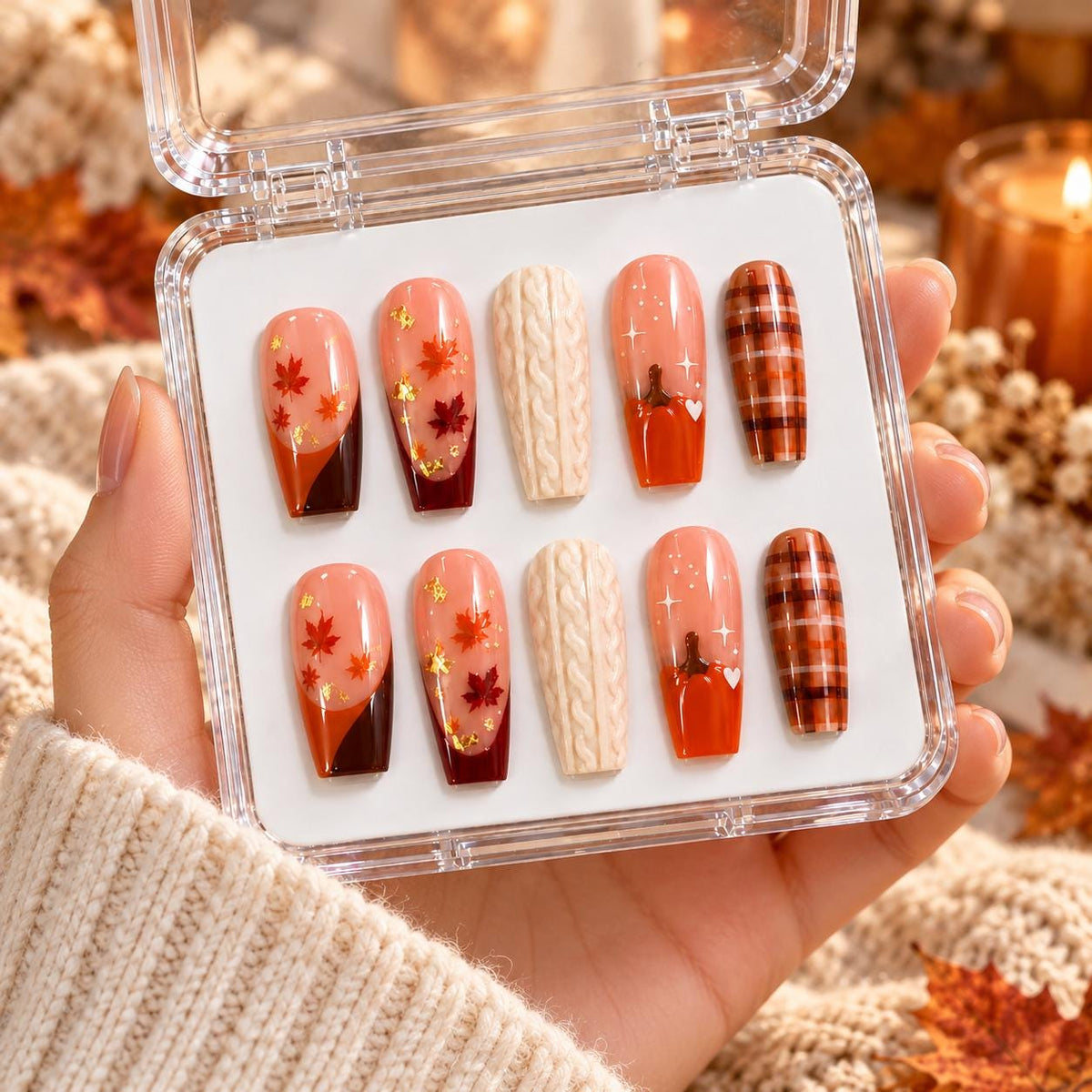 Autumn Plaid and Leaf Press On Nails with Cream Cable-Knit Accents