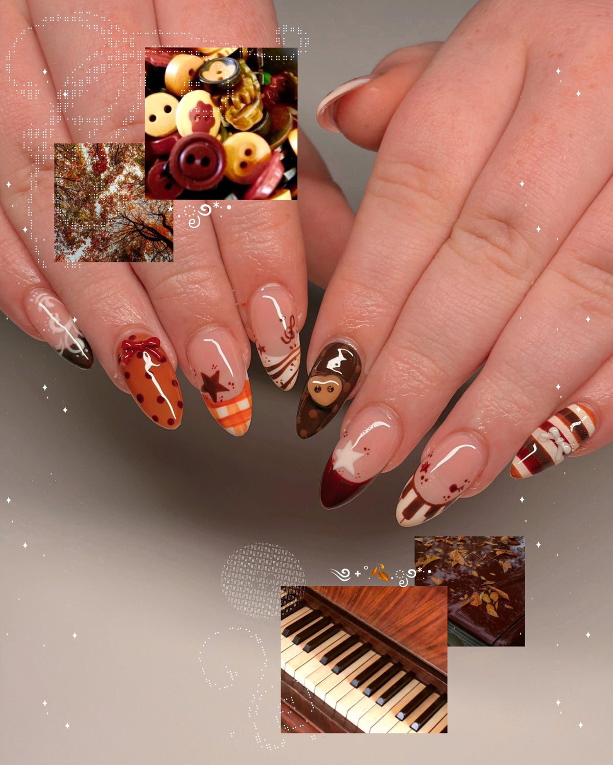 Autumn Plaid and Polka Dot Press On Nails with Monkey Button Accents
