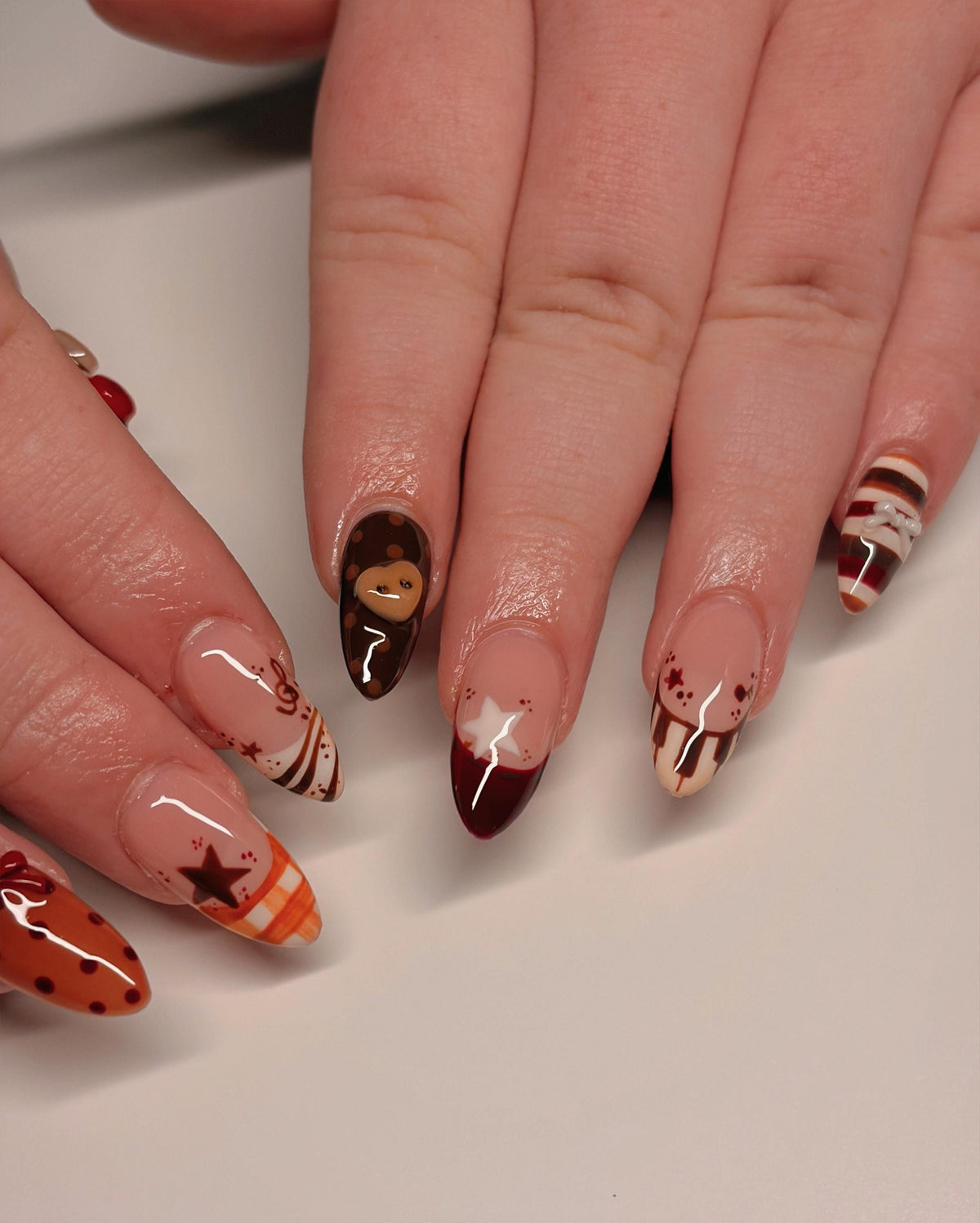 Autumn Plaid and Polka Dot Press On Nails with Monkey Button Accents