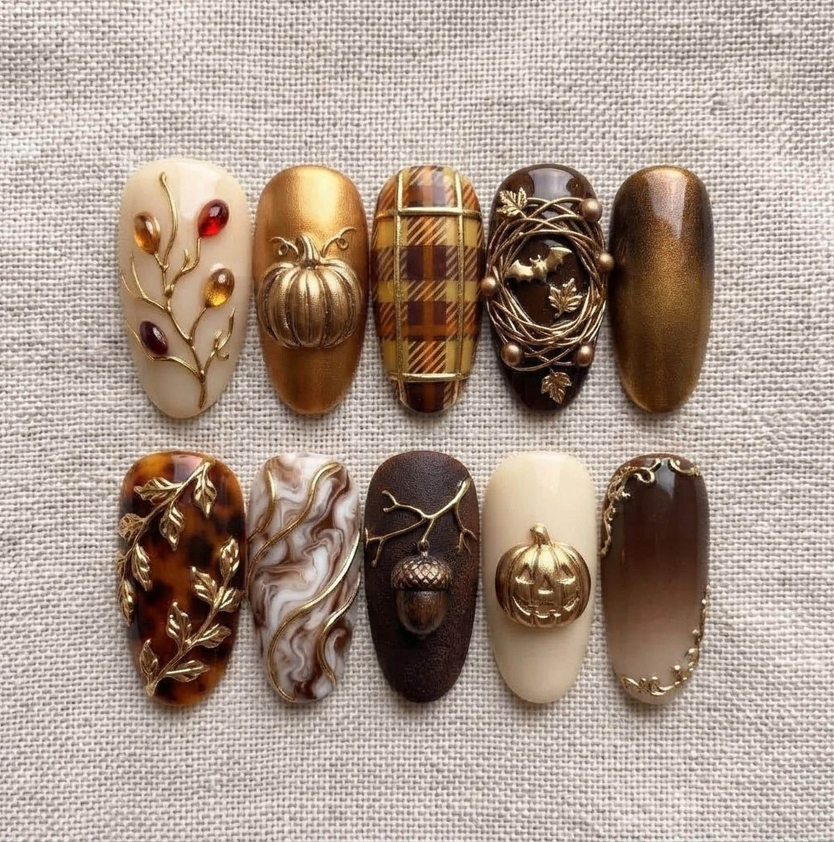 Autumn Plaid and Tortoiseshell Pumpkin Press-On Nail Set with 3D Gold Details