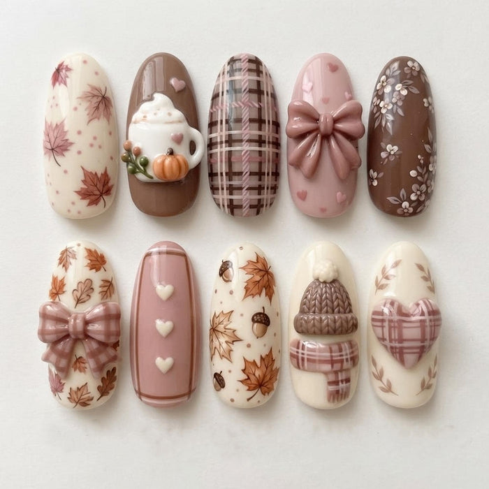Autumn Plaid Bow Press On Nails With 3D Cozy Knit Details
