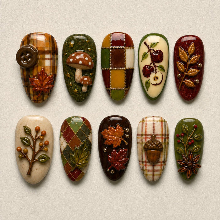 Autumn Plaid Mushroom and Botanical Press On Nails