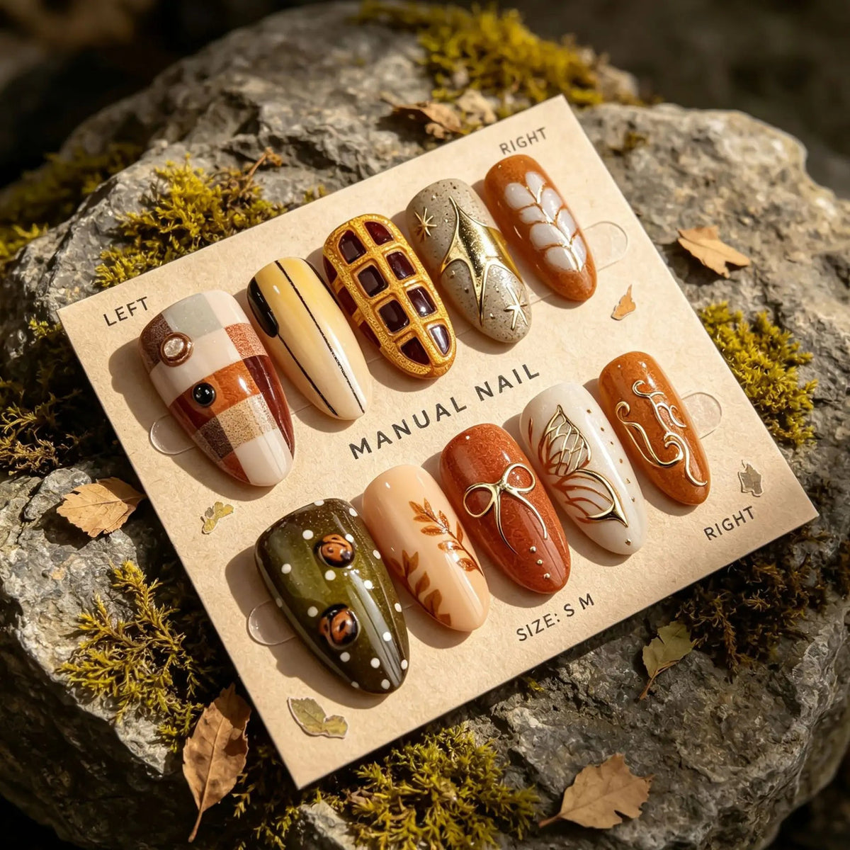 Autumn Plaid Press-On Nail Set With Raised Gold Details
