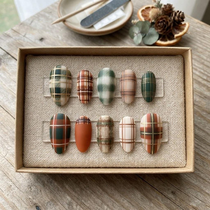 Autumn Plaid Press-On Nails in Deep Green, Rust, Cream, and Muted Pink