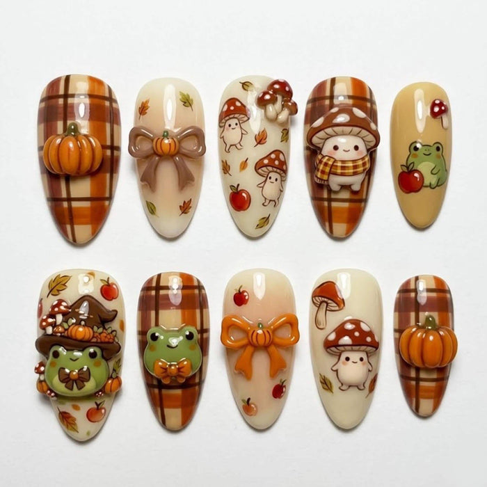 Autumn Plaid Press-On Nails With 3D Pumpkins, Mushrooms, Frogs, and Bows