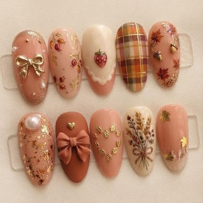 Autumn Plaid Press On Nails with Botanical Leaves, Bows, Pearls, and Gold Accents
