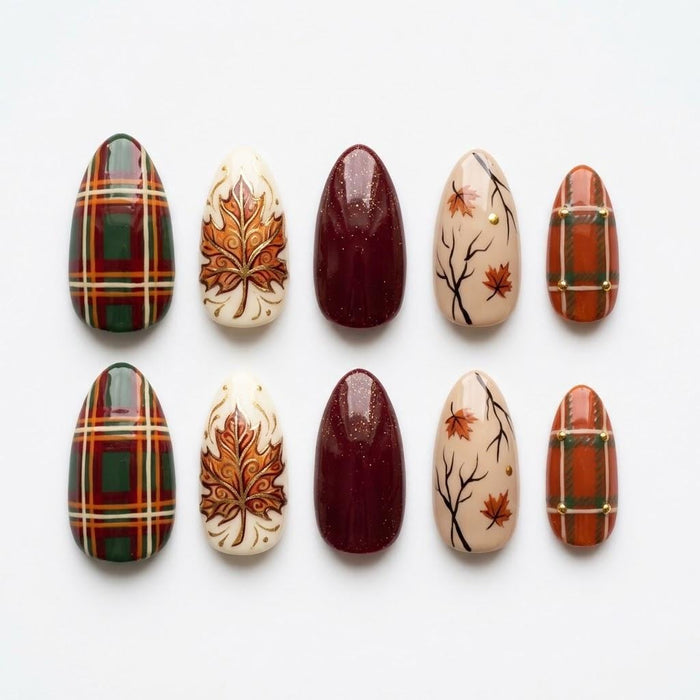 Autumn Plaid Press On Nails With Burgundy Glitter, Maple Leaf Art and Thanksgiving Style