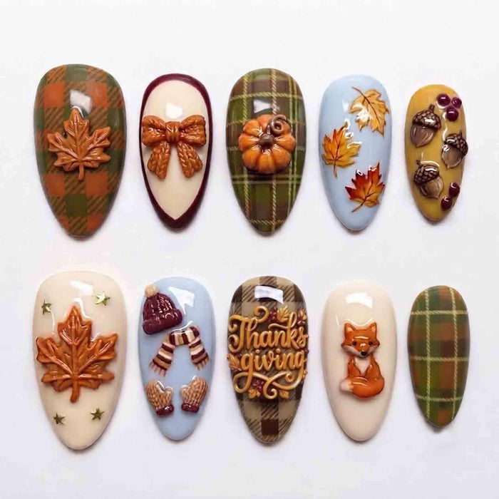 Autumn Plaid Press On Nails With Maple Leaves, Pumpkins, Fox, and Thanksgiving Details