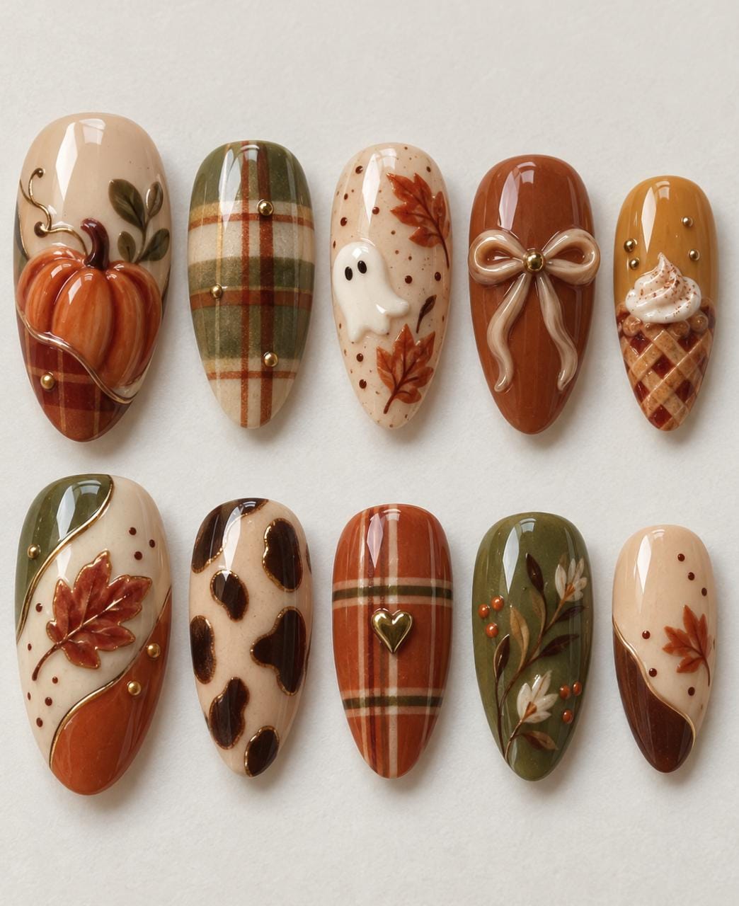 Autumn Plaid Press On Nails With Pumpkins, Ghost, Bow, and Fall Details