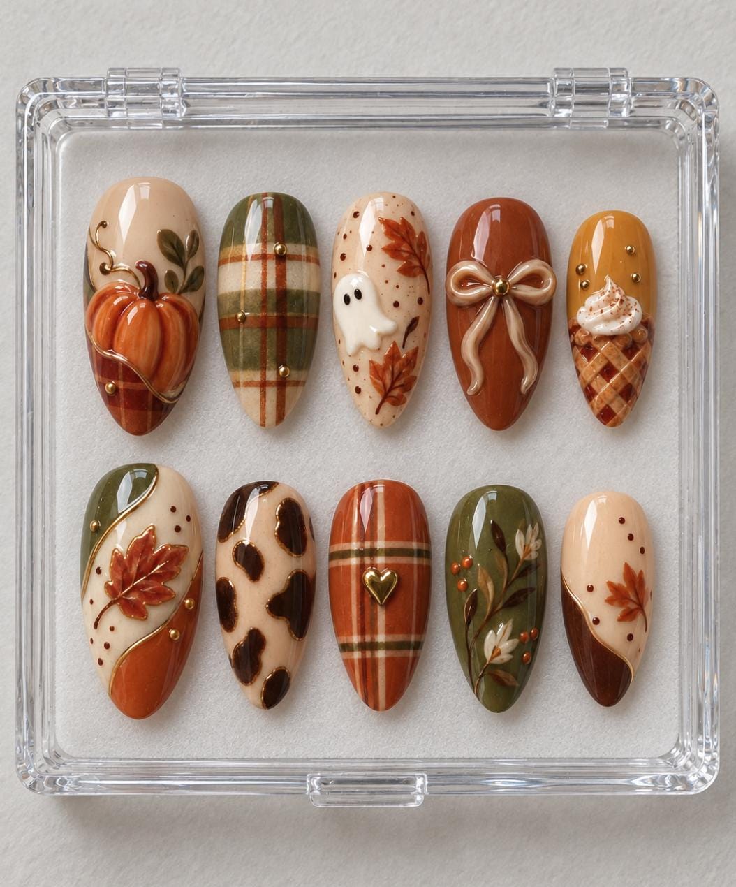 Autumn Plaid Press On Nails With Pumpkins, Ghost, Bow, and Fall Details
