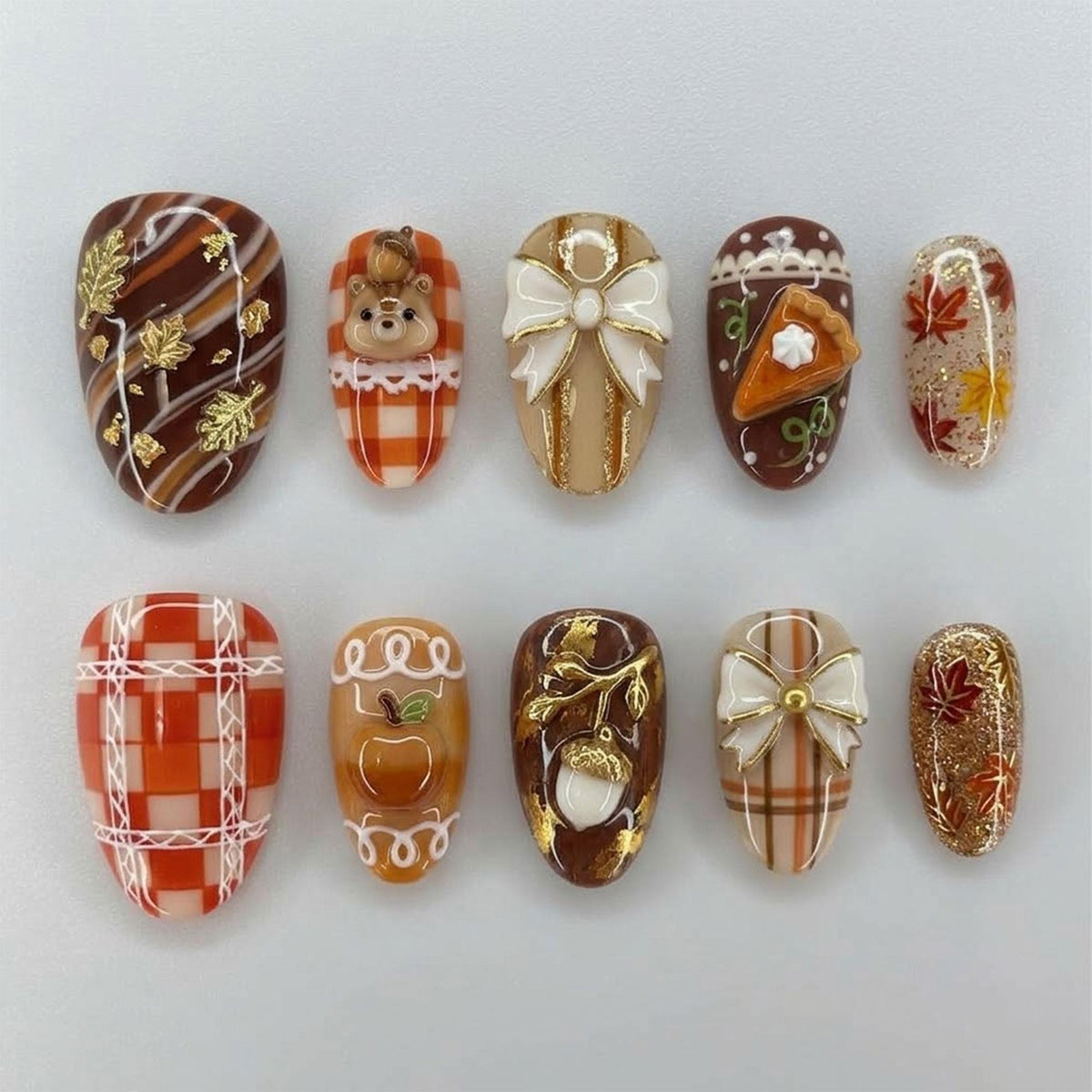 Autumn Plaid Pumpkin and Bear Nails with White Bows and Gold Details