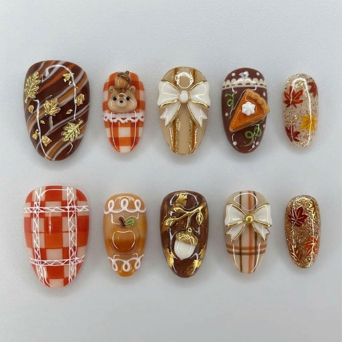 Autumn Plaid Pumpkin and Bear Press On Nails with White Bows and Gold Details