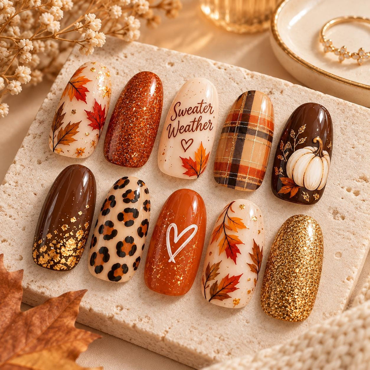 Autumn Press-On Nail Set with Maple Leaves, Plaid, Leopard Print and Gold Glitter