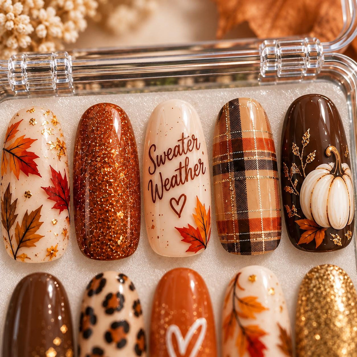 Autumn Press-On Nail Set with Maple Leaves, Plaid, Leopard Print and Gold Glitter