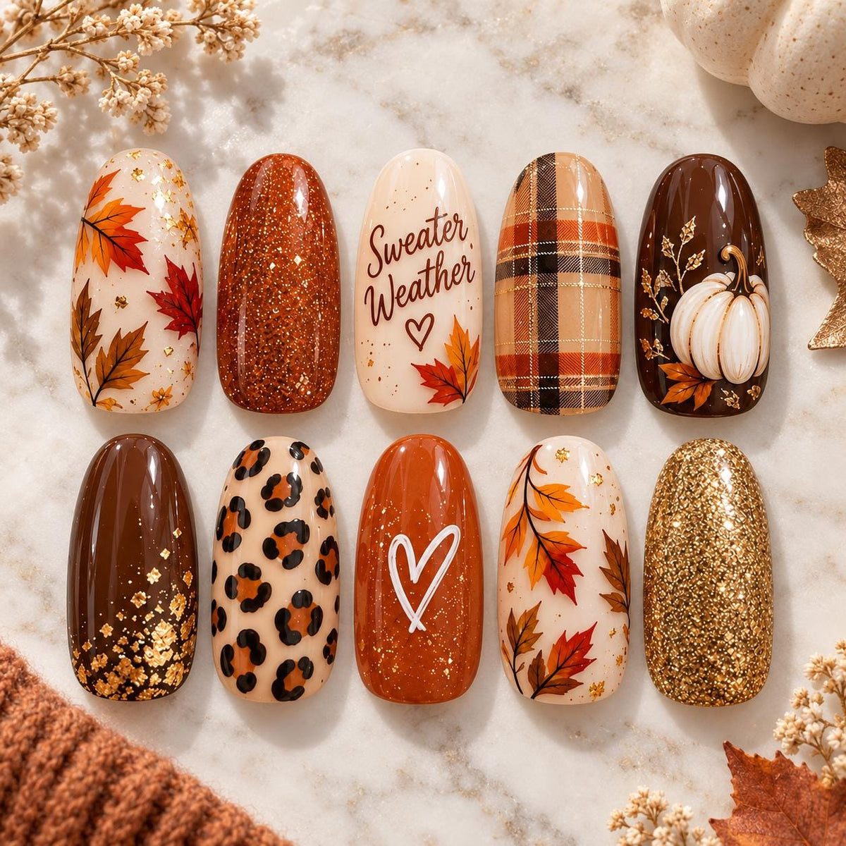 Autumn Press-On Nail Set with Maple Leaves, Plaid, Leopard Print and Gold Glitter