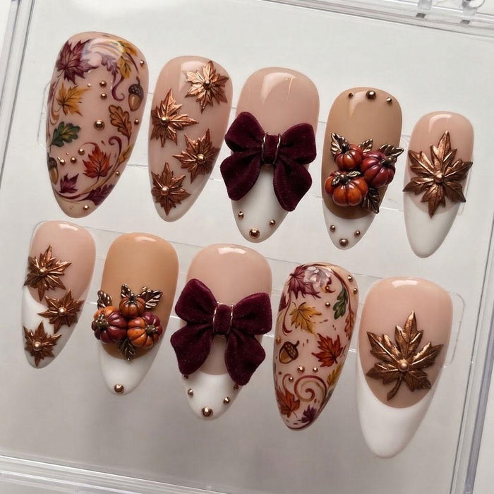 Autumn Press On Nails With Burgundy Bows, 3D Pumpkins, Leaves and Acorns