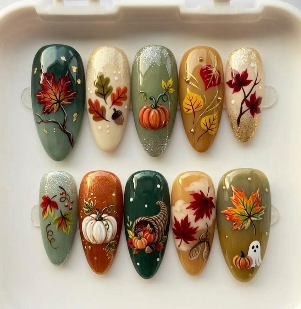 Autumn Press On Nails With Maple Leaves, 3D Pumpkins, Cornucopia and Ghost