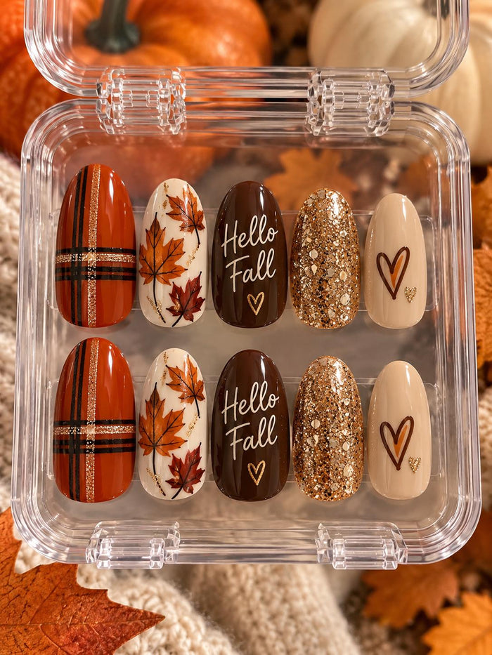 Autumn Press-On Nails with Plaid, Fall Leaves, Hearts and Gold Glitter