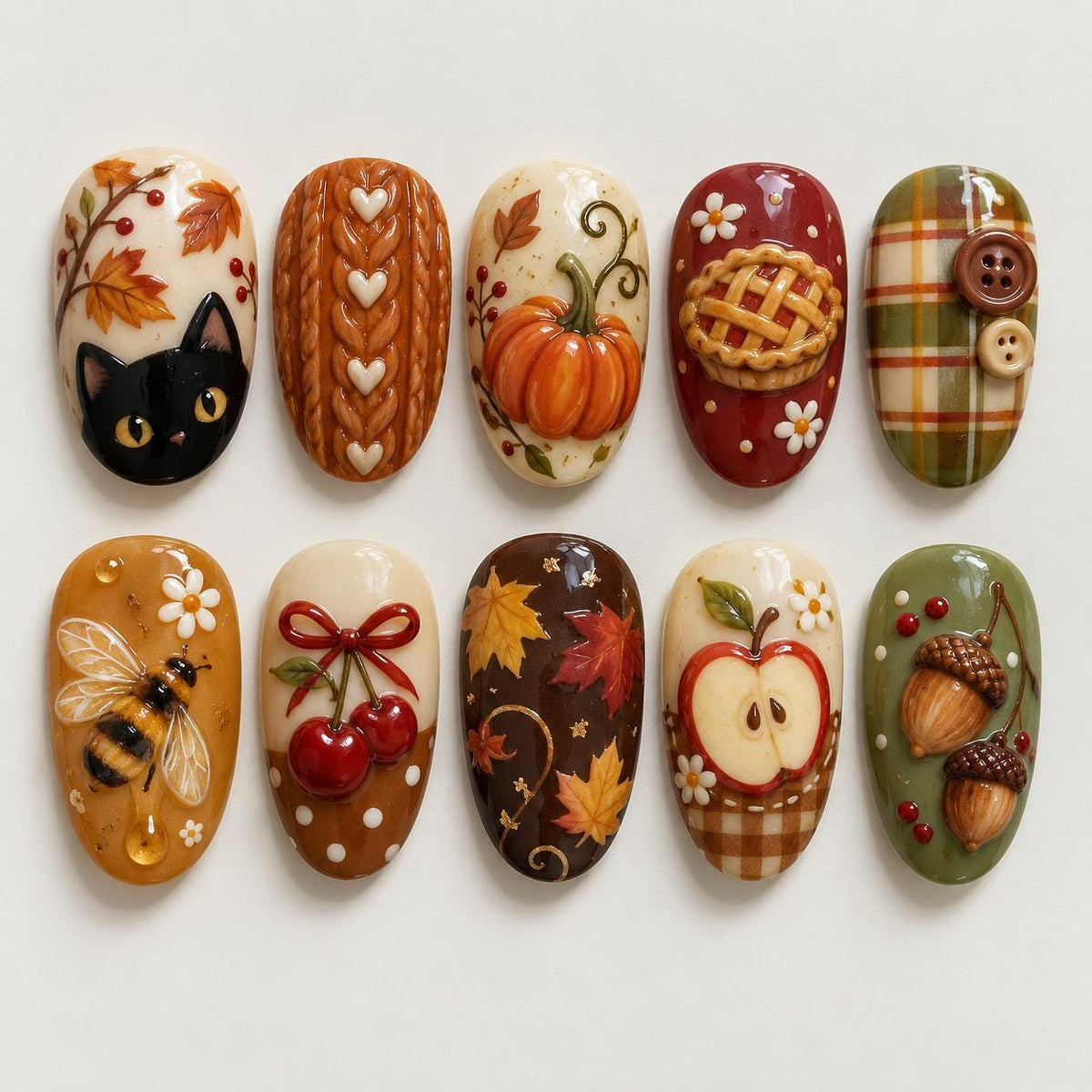 Autumn Press On Nails With Pumpkin, Black Cat, Maple Leaves, Cherries and Plaid