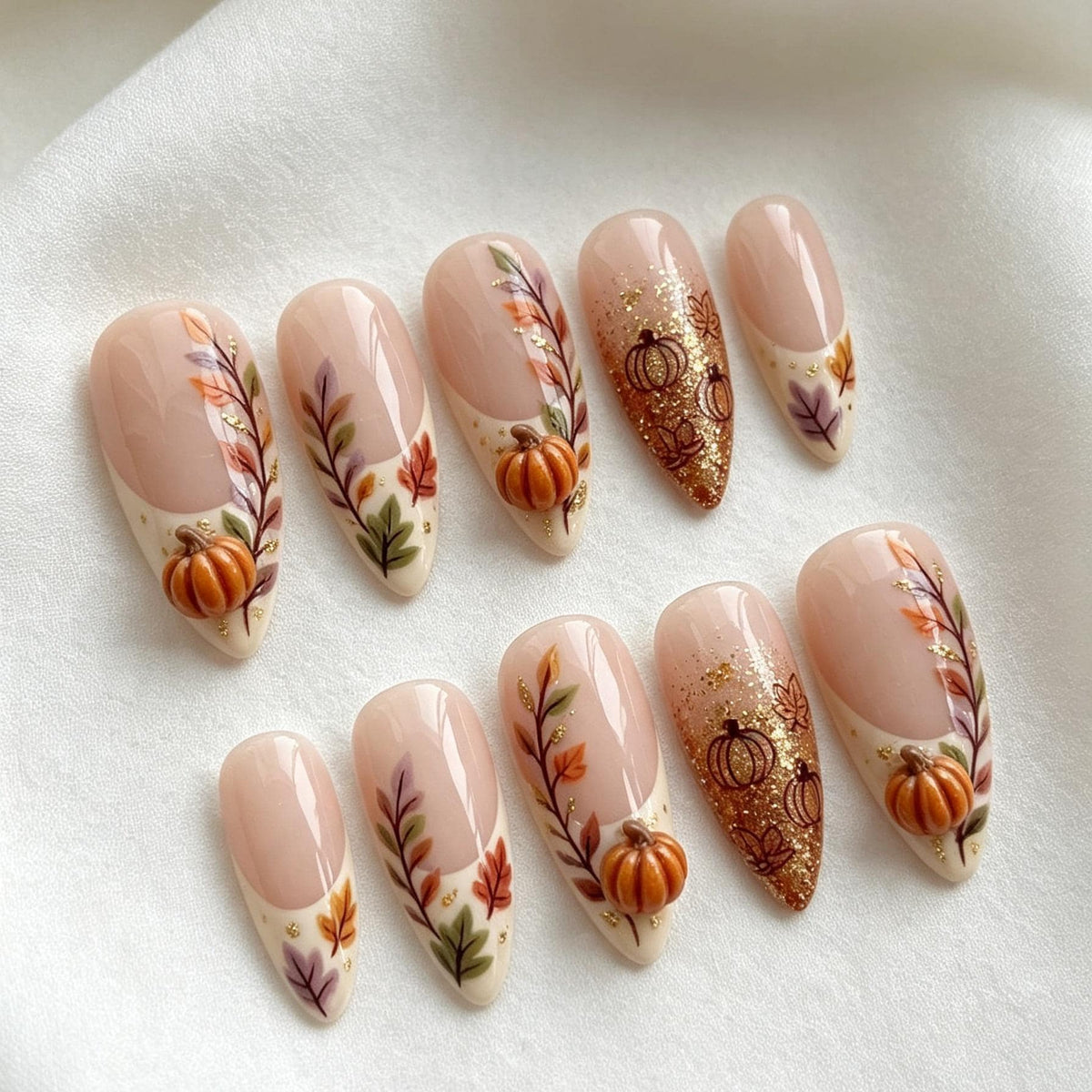 Autumn Pumpkin 3D Press-On Nails with Fall Foliage and Gold Glitter French Tips