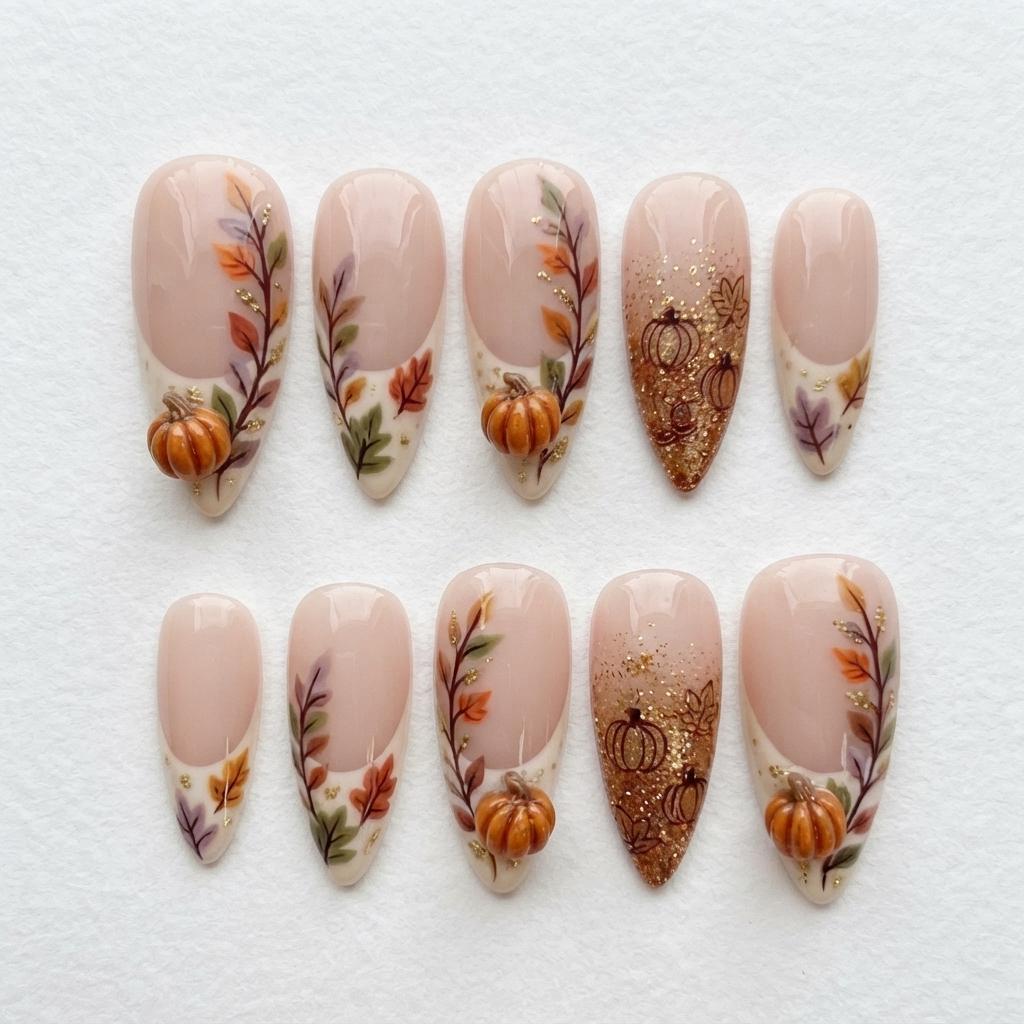 Autumn Pumpkin 3D Press-On Nails with Fall Foliage and Gold Glitter French Tips
