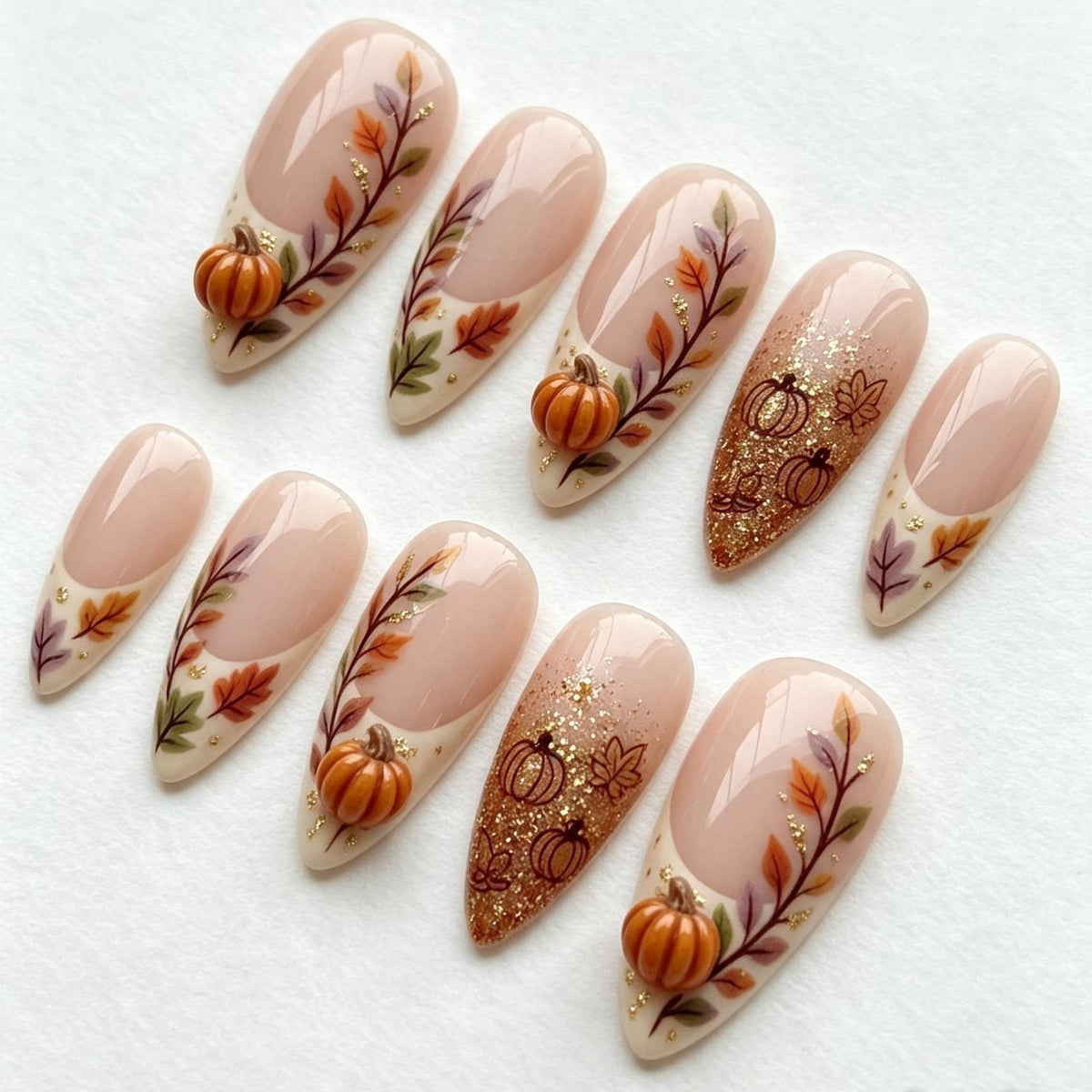 Autumn Pumpkin 3D Press-On Nails with Fall Foliage and Gold Glitter French Tips