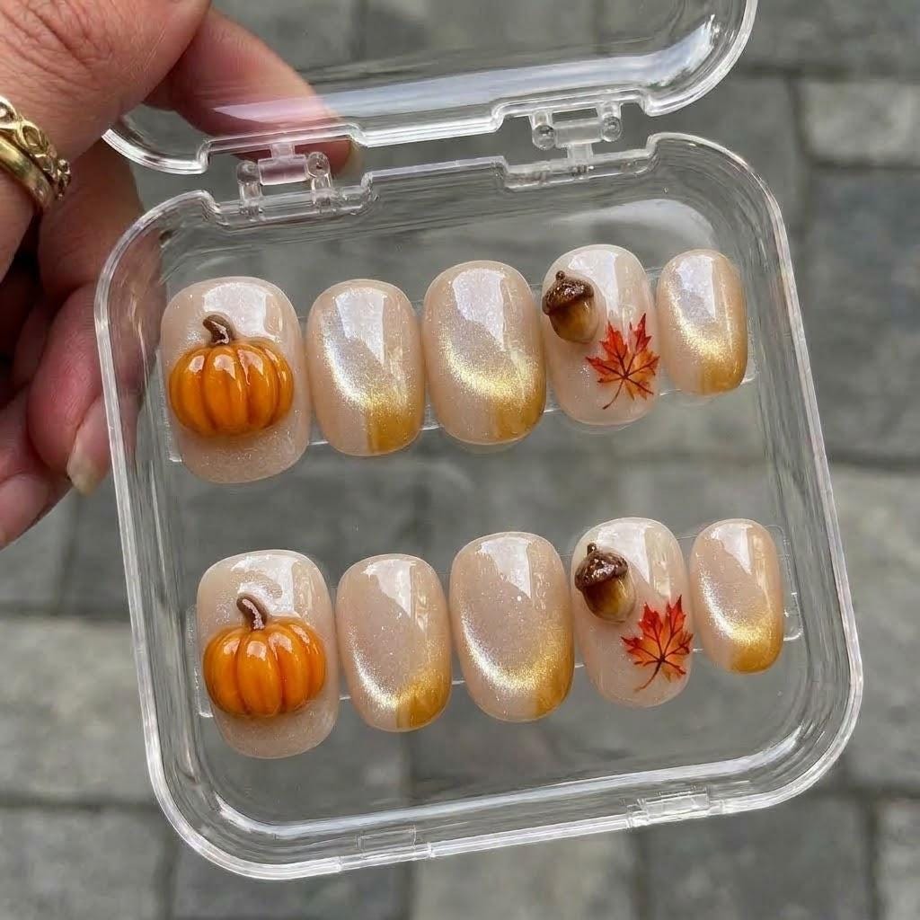Autumn Pumpkin, Acorn and Maple Leaf Press On Nails with Gold Shimmer