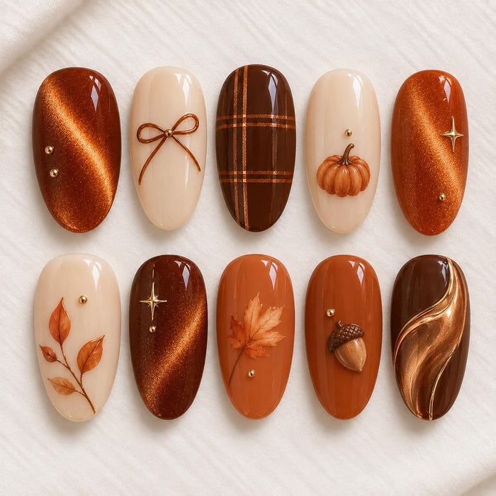 Autumn Pumpkin and Acorn Press On Nail Set with Copper Cat-Eye, Plaid, Leaves and Bow