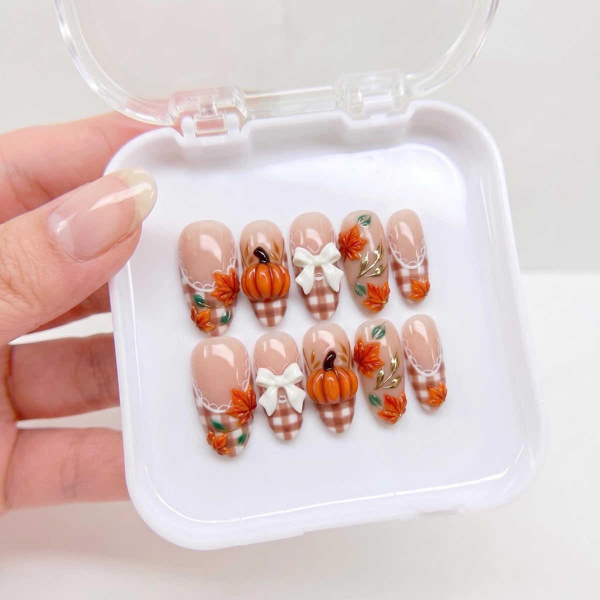 Autumn Pumpkin and Bow Press On Nails with Plaid Tips and Maple Leaves