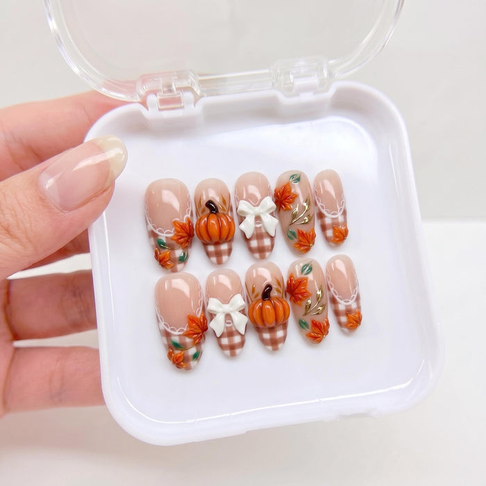 Autumn Pumpkin and Bow Press On Nails with Plaid Tips and Maple Leaves