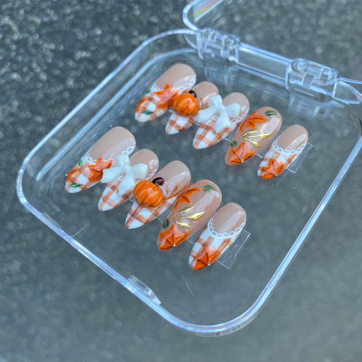 Autumn Pumpkin and Bow Press On Nails with Plaid Tips and Maple Leaves