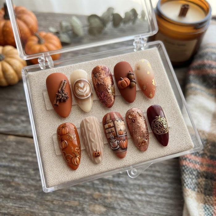 Autumn Pumpkin and Coffee Press On Nail Set with Sweater Textures and Copper Glitter