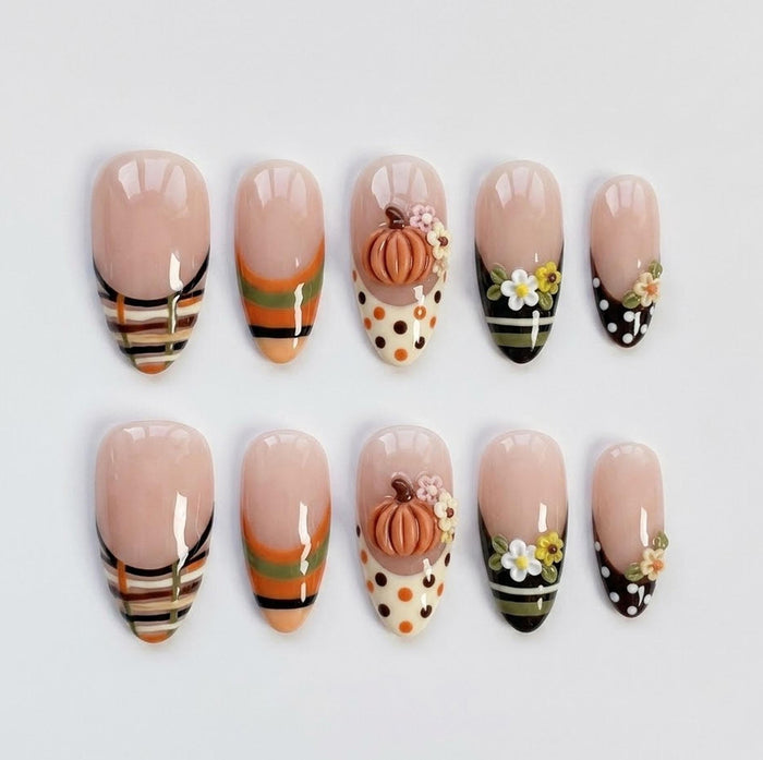 Autumn Pumpkin and Floral Press-On Nails With Stripes and Polka Dots