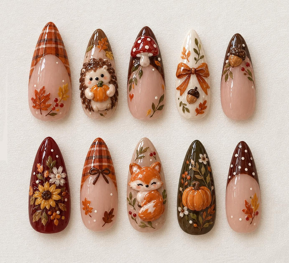 Autumn Pumpkin and Fox Press On Nails with Plaid, Leaves, and 3D Woodland Details