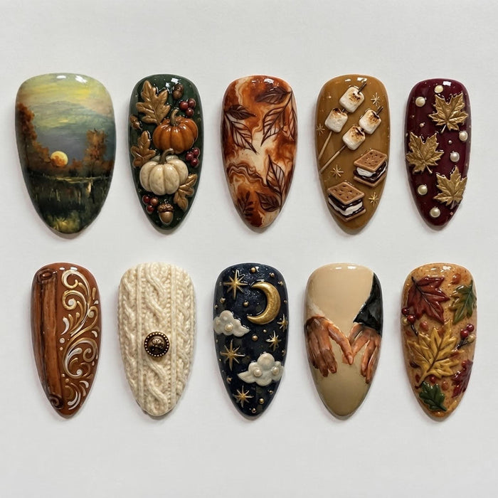 Autumn Pumpkin and Leaf Press On Nail Set with Sweater Knit and Celestial Details