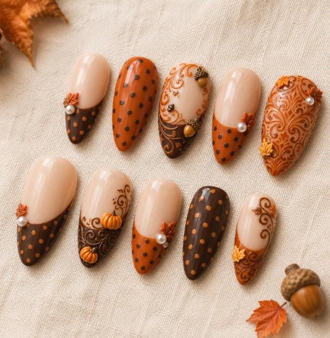 Autumn Pumpkin and Leaf Press On Nails with Brown Scrollwork and Orange French Tips