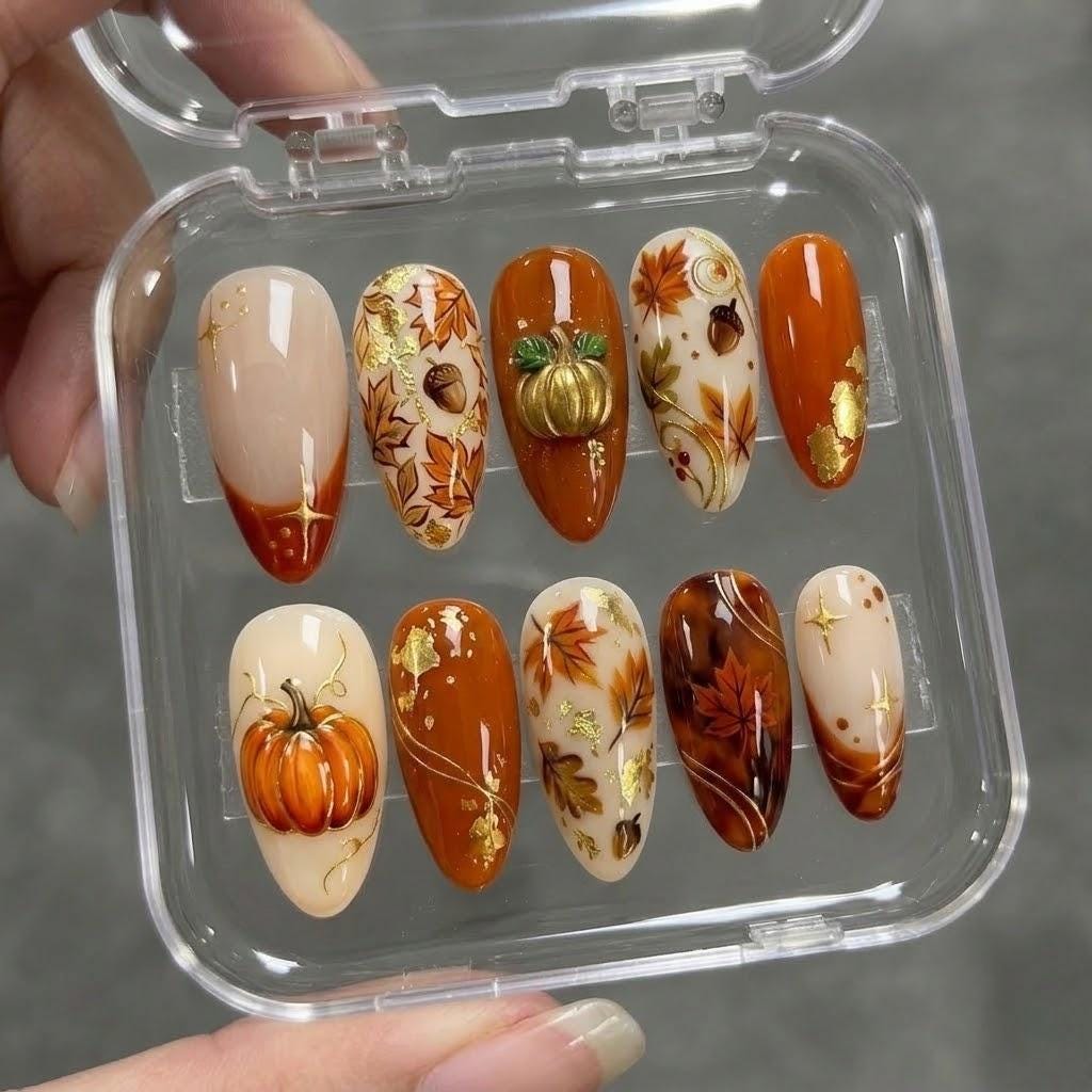 Autumn Pumpkin and Leaf Press-On Nails with Gold Foil Accents