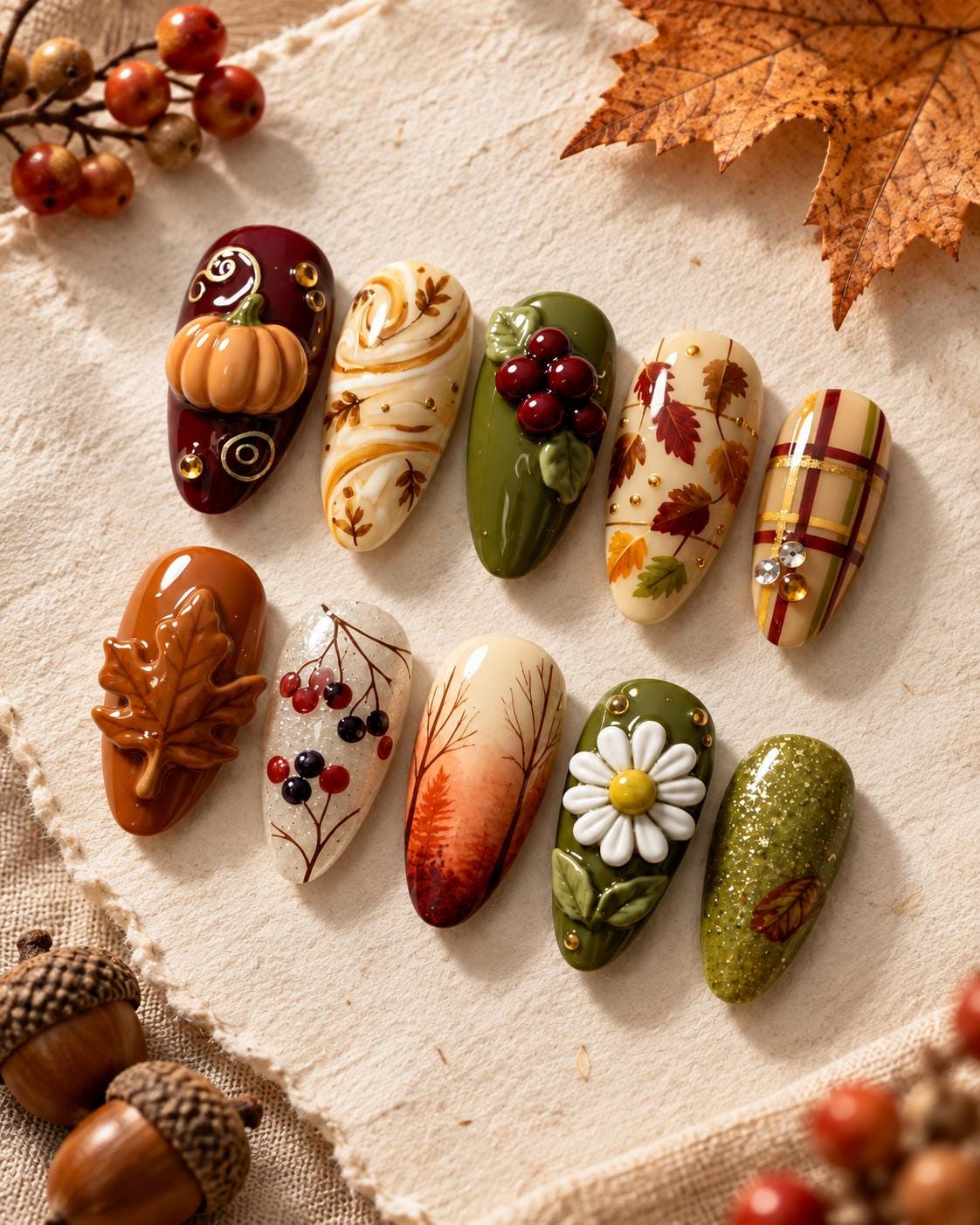 Autumn Pumpkin and Maple Leaf Nail Set in Olive, Burgundy, Caramel, and Cream