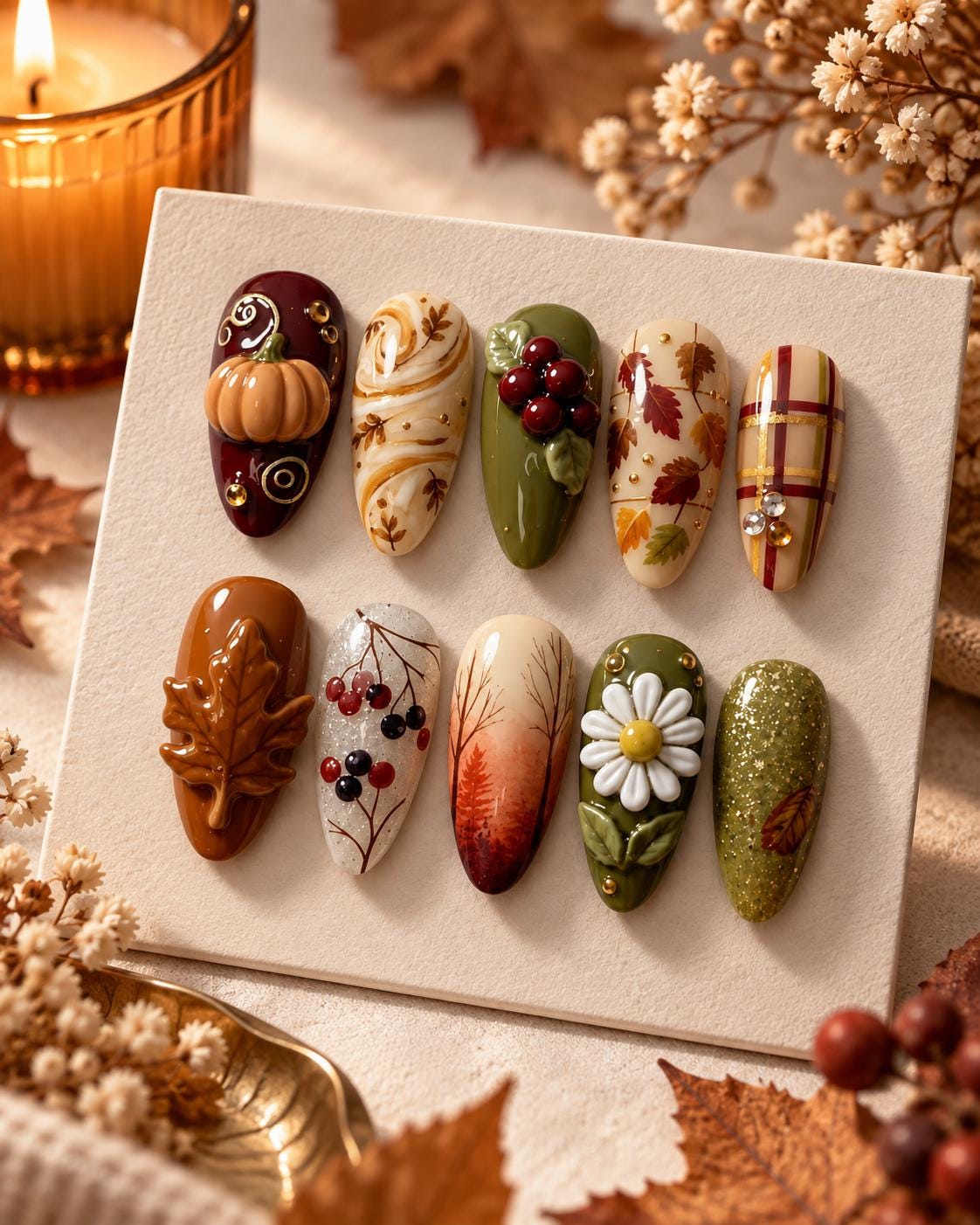 Autumn Pumpkin and Maple Leaf Nail Set in Olive, Burgundy, Caramel, and Cream