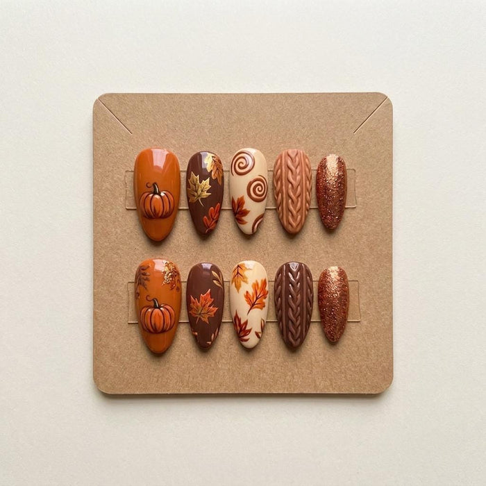 Autumn Pumpkin and Maple Leaf Press On Nails with Cable-Knit Texture and Copper Glitter