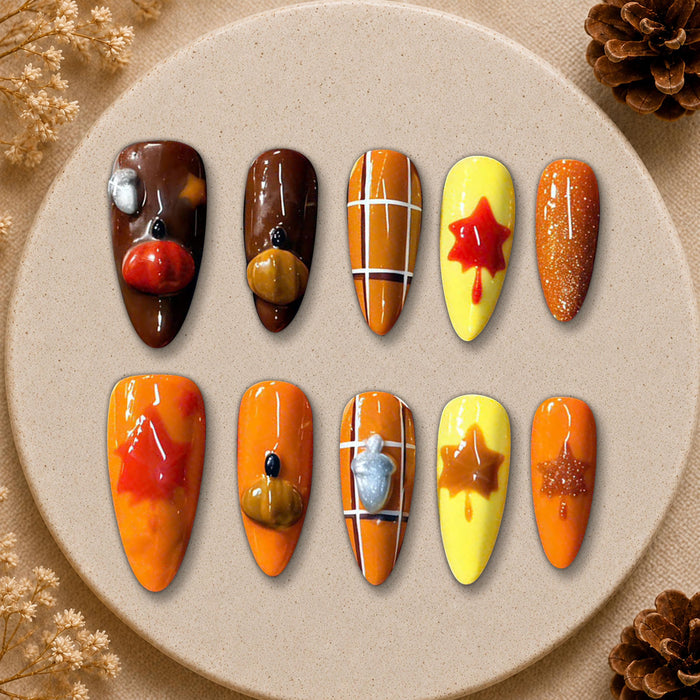 Autumn Pumpkin and Maple Leaf Press On Nails with Plaid and Glitter