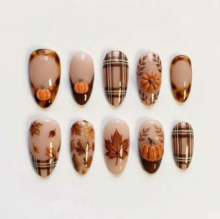 Autumn Pumpkin and Maple Leaf Press On Nails With Brown Plaid and Tortoiseshell Tips
