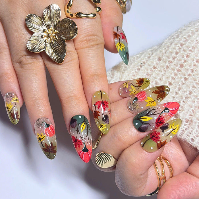 Autumn Pumpkin and Maple Leaf Thanksgiving Press On Nail Set