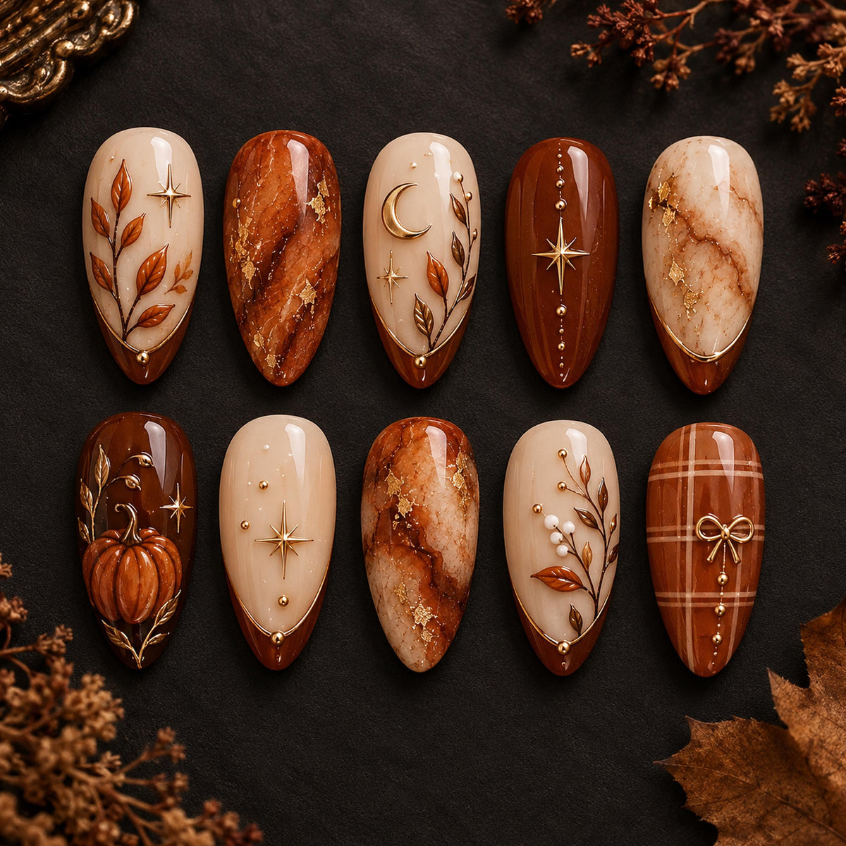 Autumn Pumpkin and Marble Press-On Nail Set with Plaid, Leaves and Gold Accents