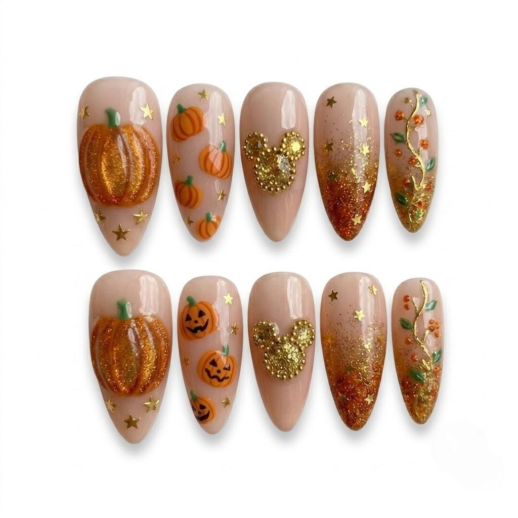 Autumn Pumpkin and Mickey Press On Nails with Gold Glitter and 3D Details
