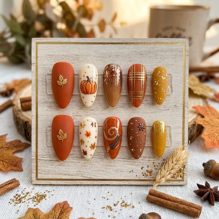 Autumn Pumpkin and Plaid Press On Nails in Burnt Orange and Mustard