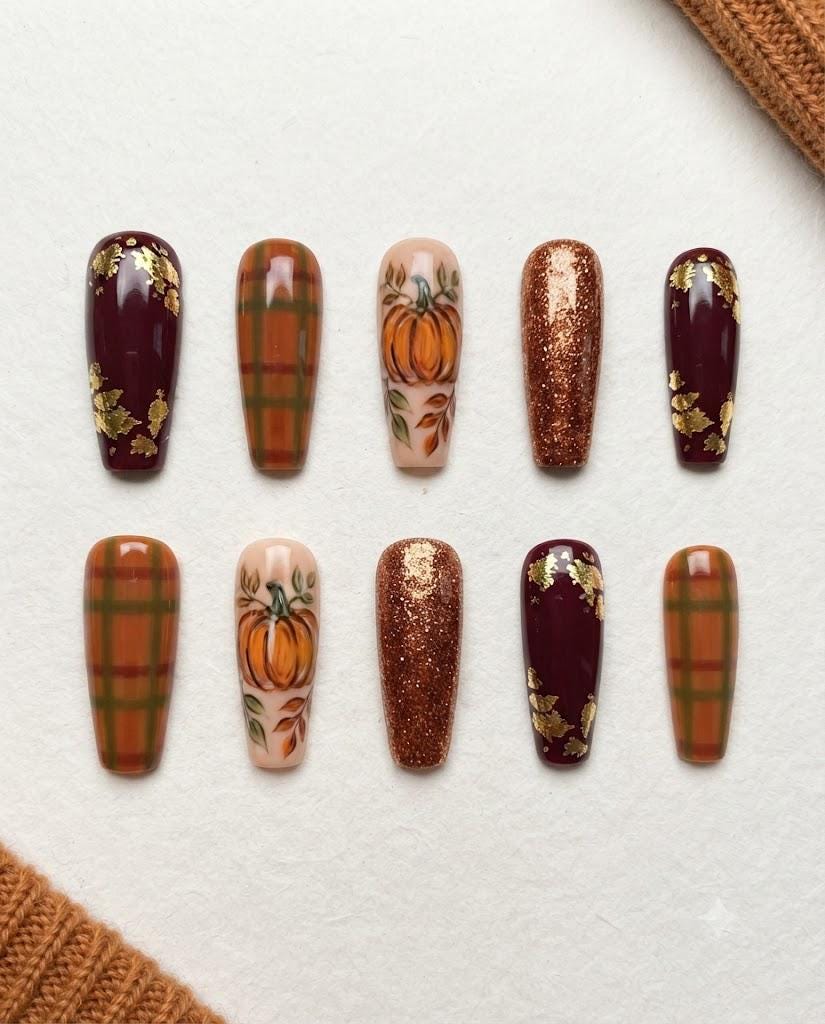 Autumn Pumpkin and Plaid Press On Nails With Burgundy, Gold Leaf and Copper Glitter